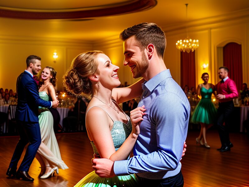 A joyful couple dancing together at a lively QC Dance party, surrounded by music and celebration.